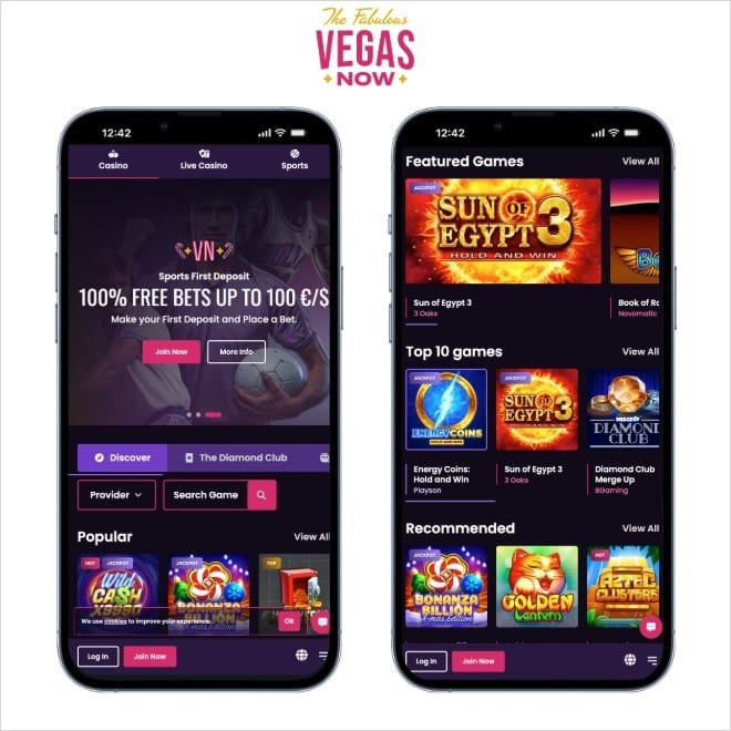 Vegas Now screenshots on mobiles on a white background